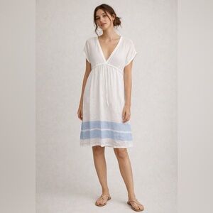 James Perse | Deep V Short Sleeve Midi Dress White Blue Striped Coverup Size Med